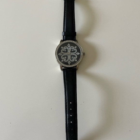 Anne Klein black and silver leather wristwatch with diamonds - Picture 2 of 6